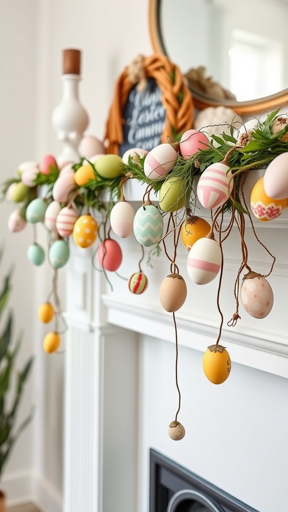 Colorful Easter egg garland displayed on a mantel with greenery