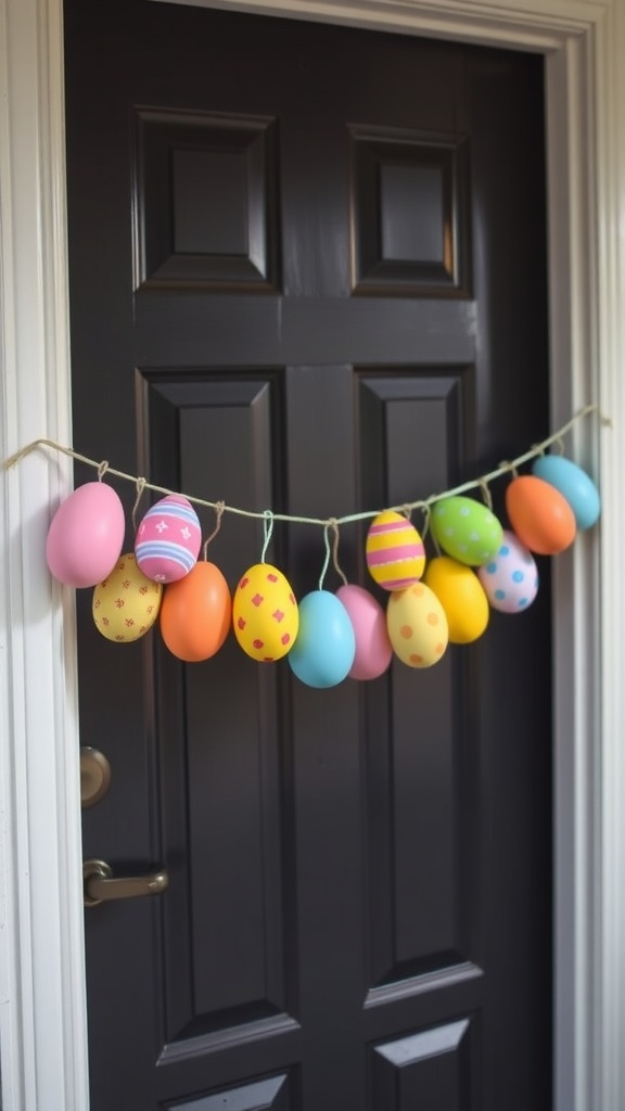 A colorful Easter egg garland hanging on a black door.