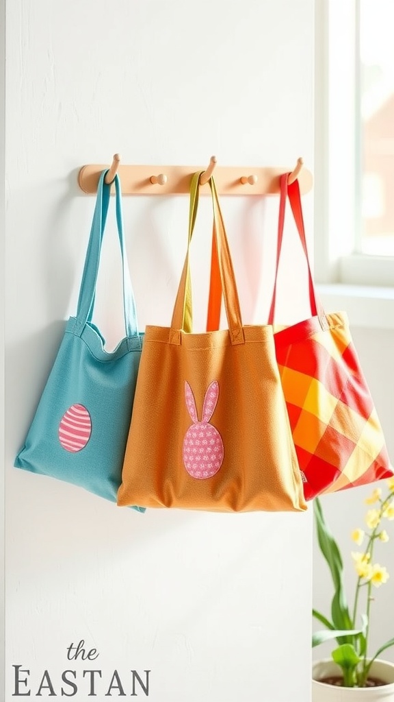 Three colorful Easter bags hanging on a wall, featuring patterns of eggs and bunnies.