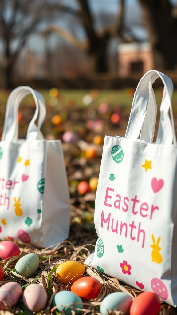 Two decorated Easter egg hunt bags on the grass among colorful eggs.