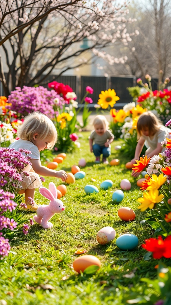 Children participating in an Easter egg hunt in a colorful garden filled with flowers and Easter eggs.