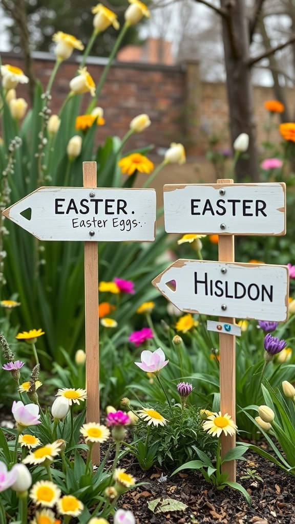 Wooden signs in a garden indicating Easter egg hunt locations