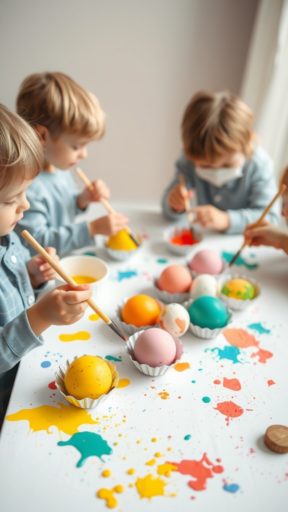 Toddlers painting Easter eggs at a table, surrounded by vibrant colors and art supplies.