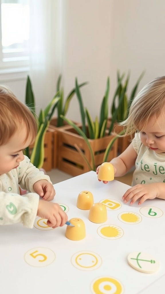 Two toddlers playing with egg-shaped stamps on a table