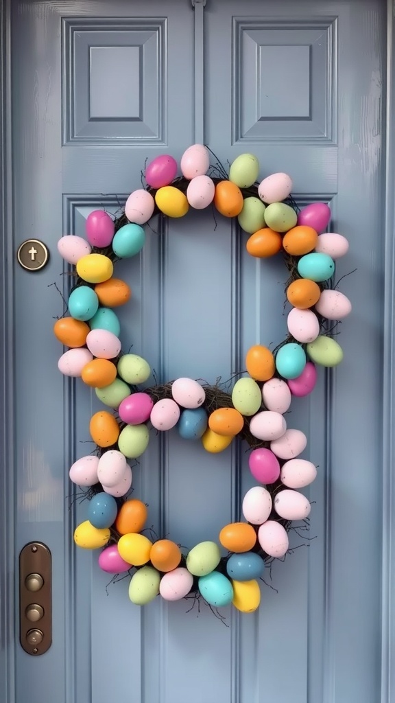 A colorful Easter egg wreath with pastel eggs displayed on a blue door.