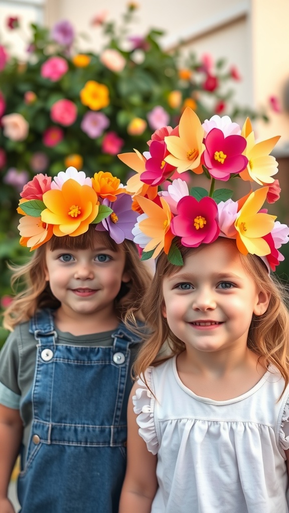 Two young girls wearing colorful flower crowns with a background of blooming flowers.