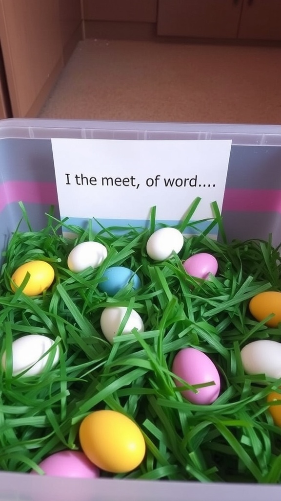 A sensory bin filled with green faux grass and colorful plastic eggs, alongside a sign with a playful text.