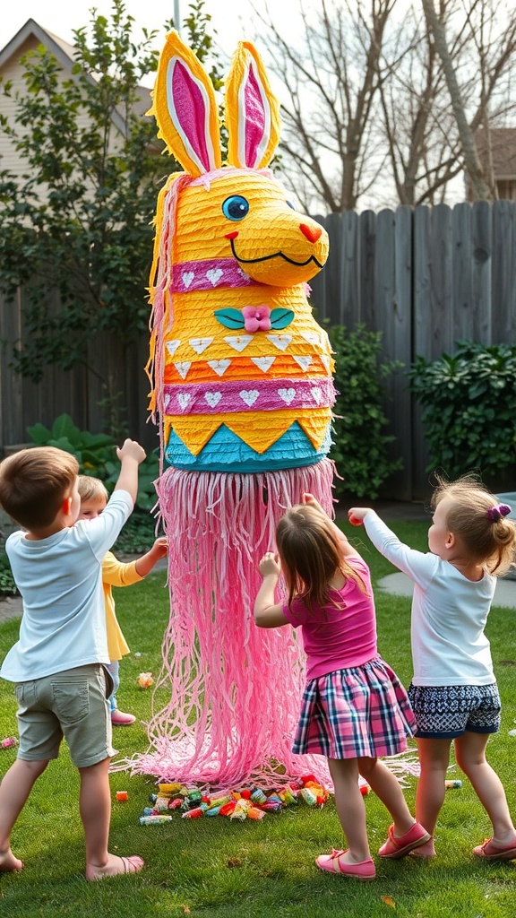 Children participating in an Easter piñata bash with a colorful bunny piñata