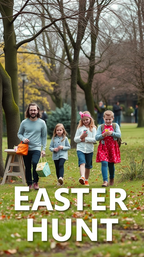 A family participating in an Easter scavenger hunt in a park.