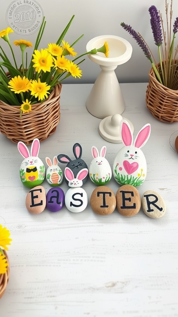 Colorful painted stones arranged to spell 'EASTER' with bunny designs