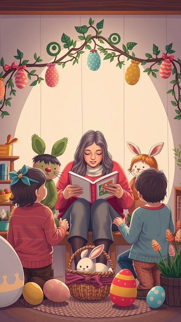 A woman reading a story to children in an Easter-themed setting with colorful decorations.