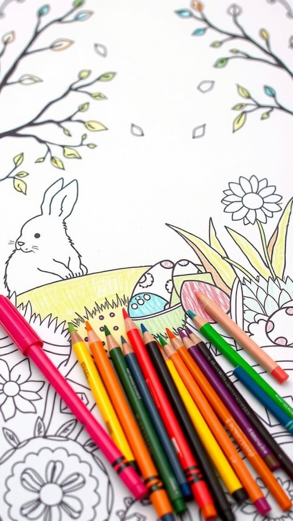 Coloring page with a bunny and Easter eggs surrounded by flowers and colored pencils