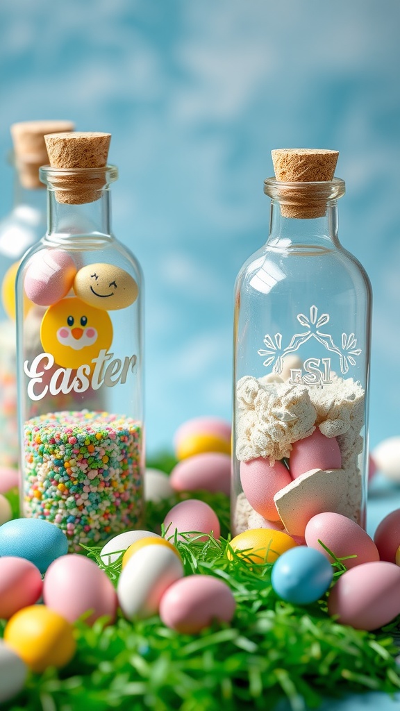 Two Easter-themed sensory bottles filled with colorful sprinkles and small eggs surrounded by pastel eggs on bright grass.