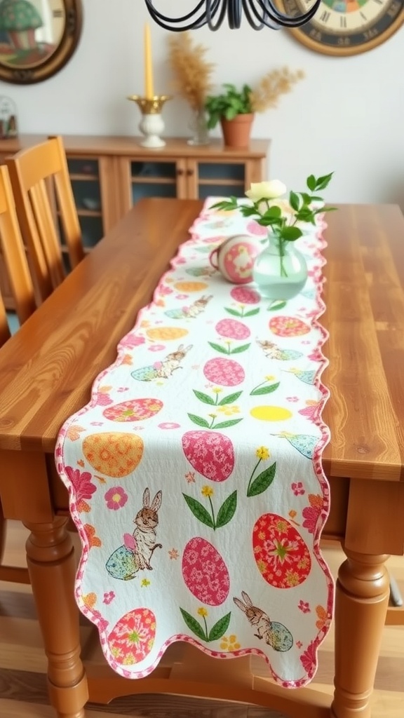 Colorful Easter-themed table runner with bunnies and eggs on a wooden table.