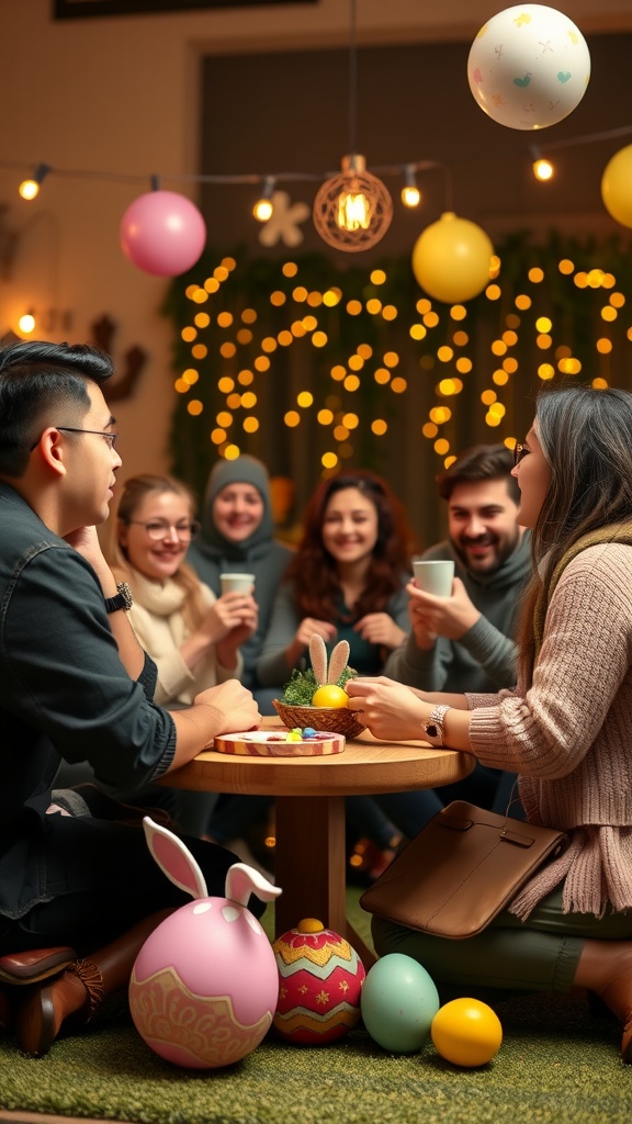 A group of people enjoying an Easter gathering with decorations, snacks, and drinks.