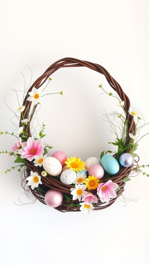 Easter wreath basket decorated with colorful eggs and flowers