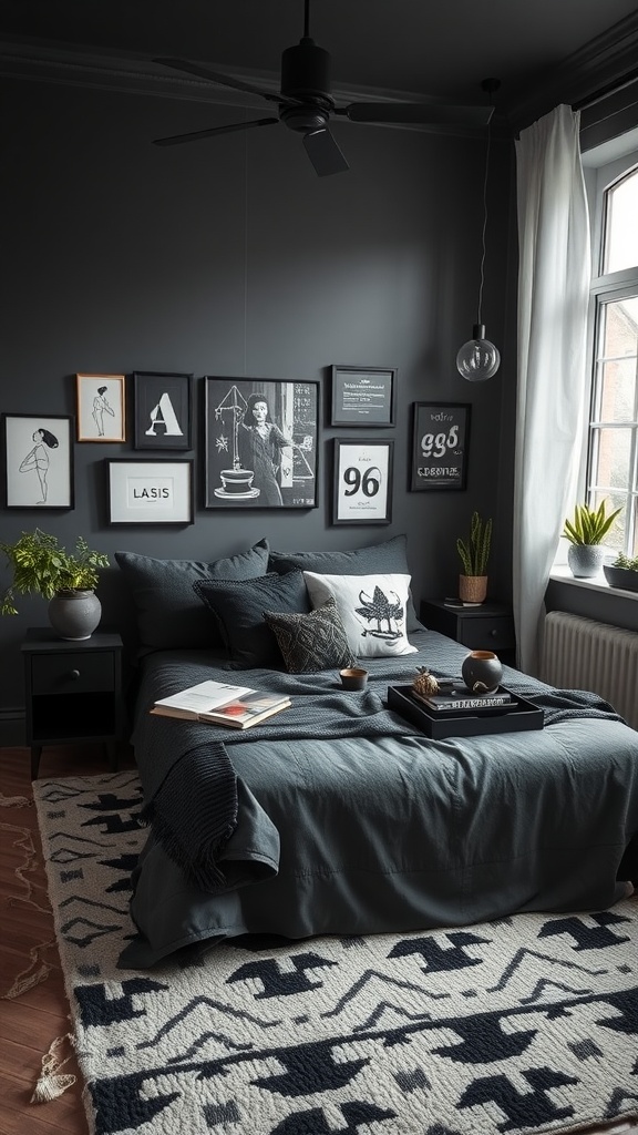 A stylish black-themed bedroom with gray walls, eclectic art frames, a cozy bed, and decorative elements.