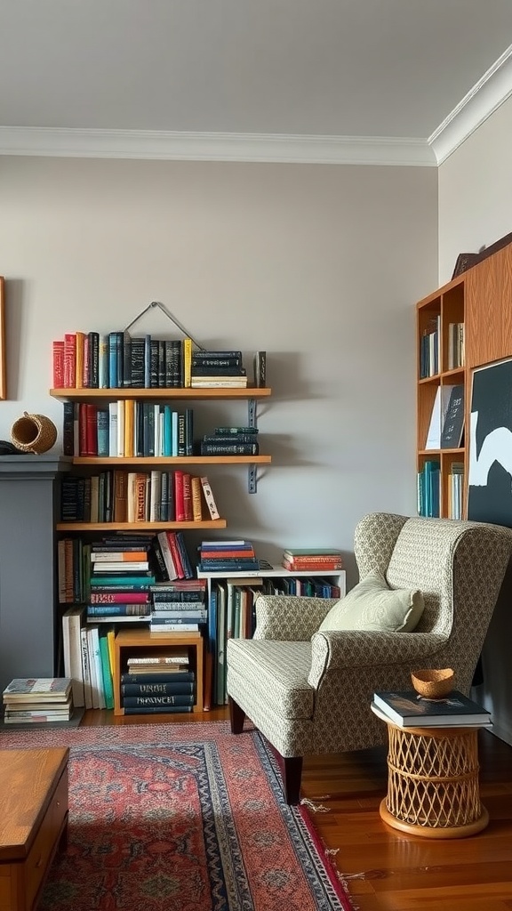 A cozy living room with a collection of books on wooden shelves, an armchair, and a decorative side table.