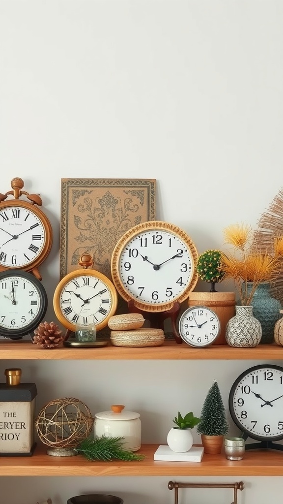 A shelf displaying various clocks, plants, and decorative items in a cottagecore style living room.