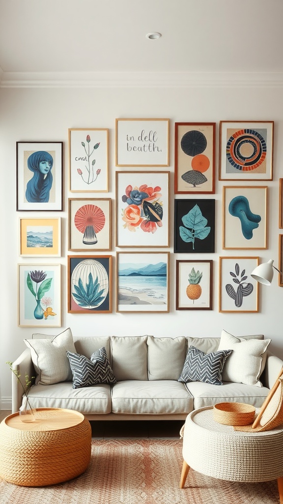 A modern boho living room with an eclectic gallery wall featuring various framed artworks.