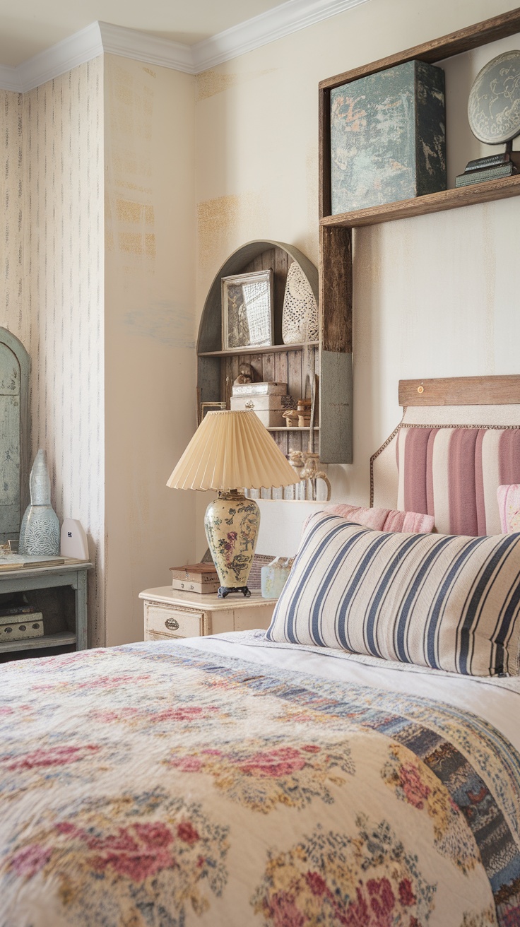 A cozy shabby chic bedroom featuring a floral quilt, striped pillows, and vintage decor.