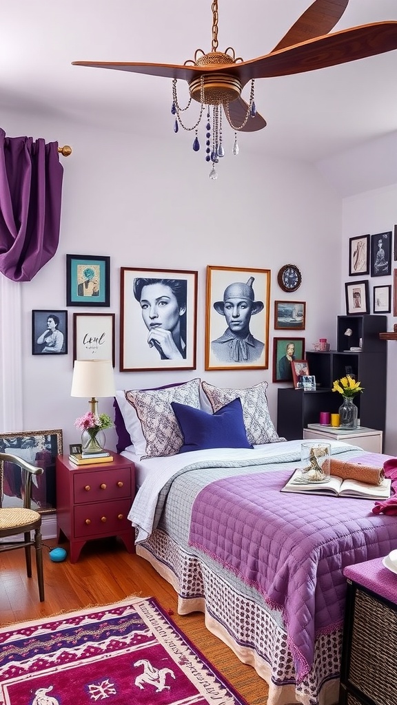 An eclectic purple bedroom featuring various shades of purple decor, framed artwork, and vibrant accents.