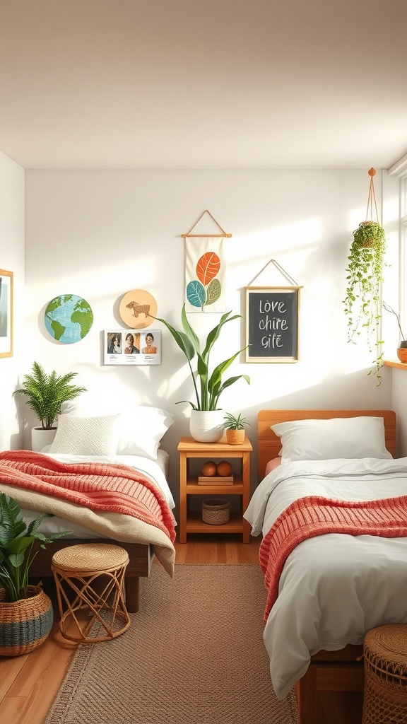 A cozy shared bedroom featuring eco-friendly design elements like wooden beds, plants, and sustainable textiles.