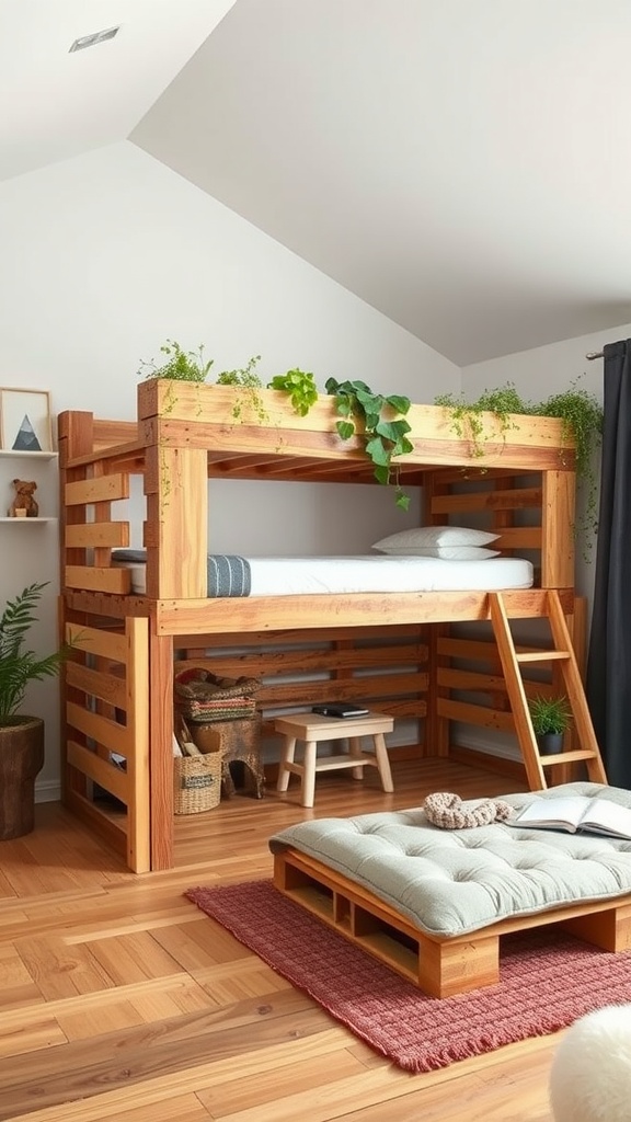 Eco-friendly loft bed made from pallets with plants and a cozy sitting area underneath