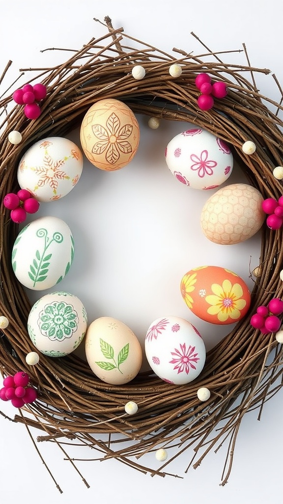 A decorative wreath featuring colorful Easter eggs surrounded by twigs and berries