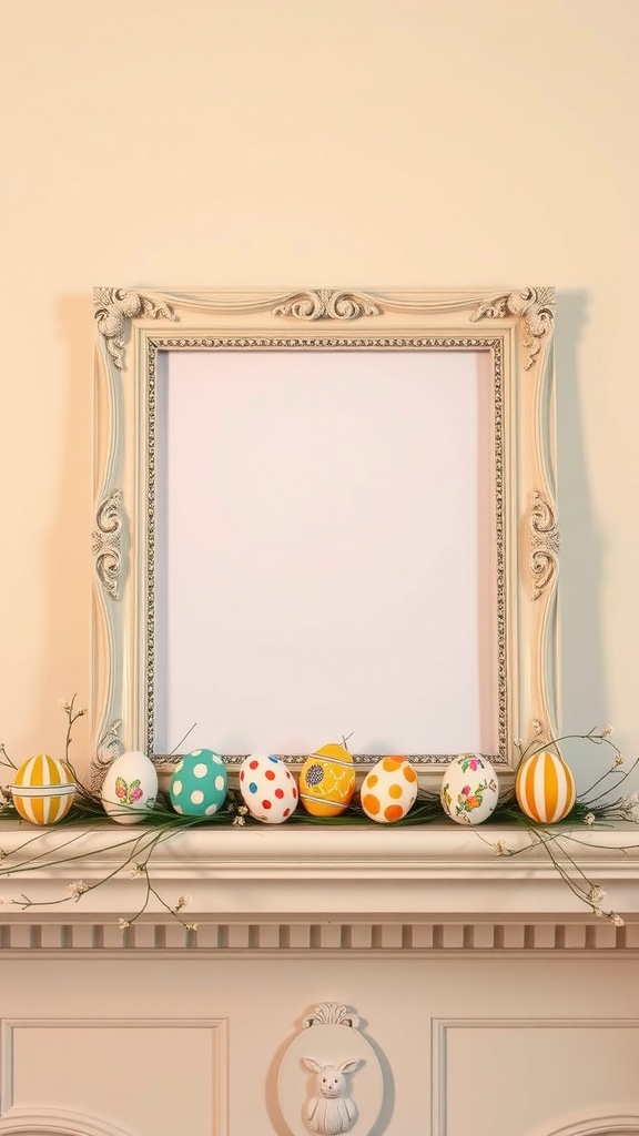 A decorative frame with colorful painted eggs displayed on a mantel.