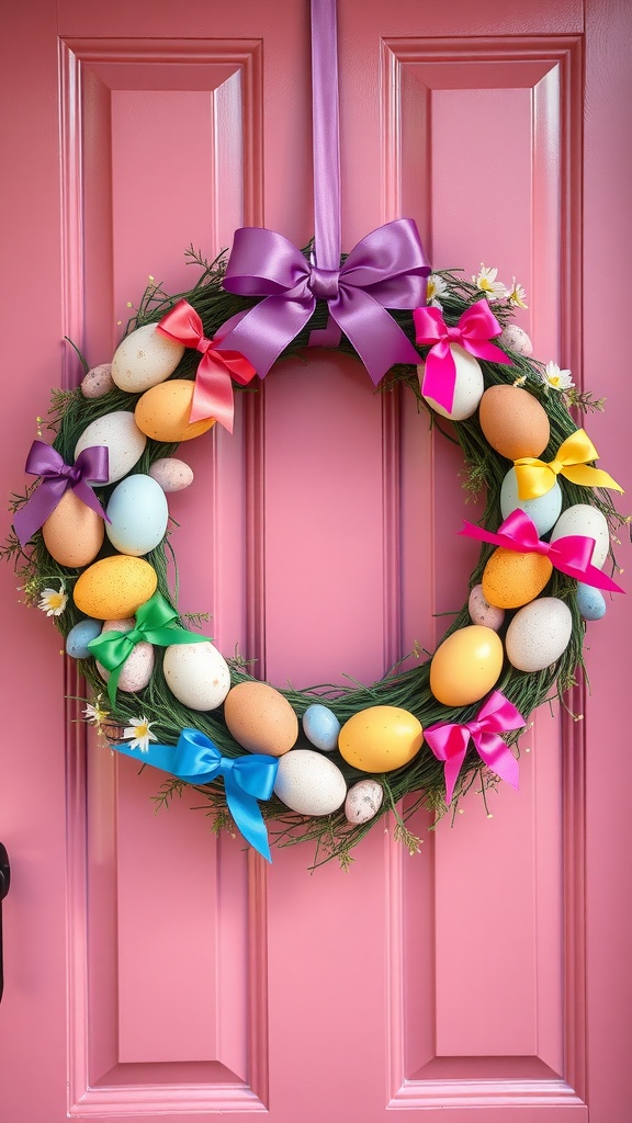 Colorful Easter egg wreath with bows on a pink door