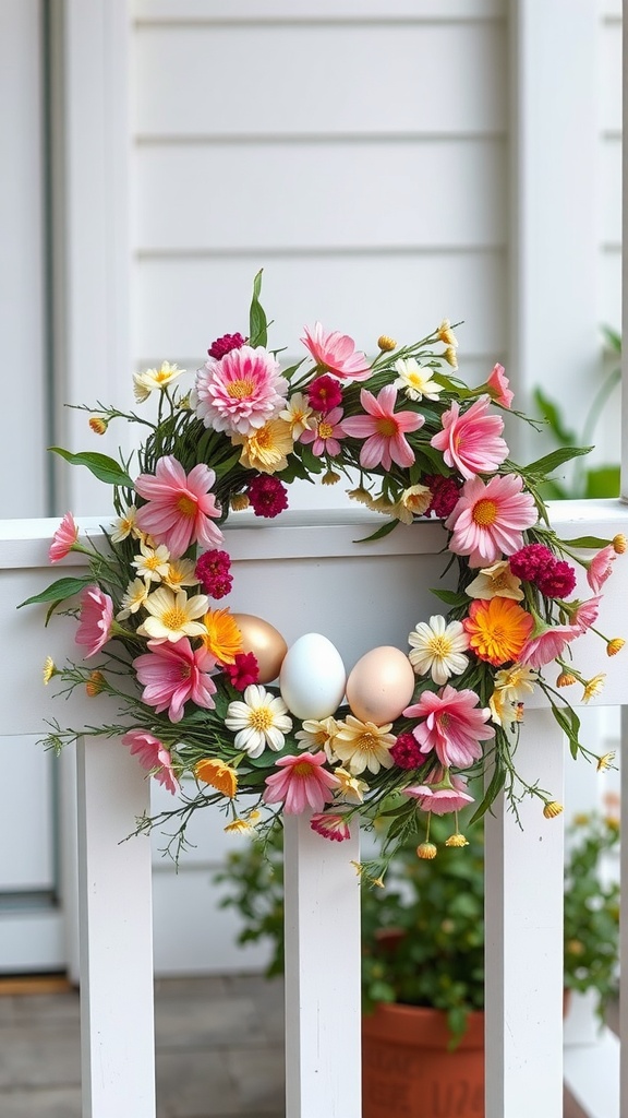 A colorful wreath made of artificial flowers and Easter eggs, displayed on a railing.