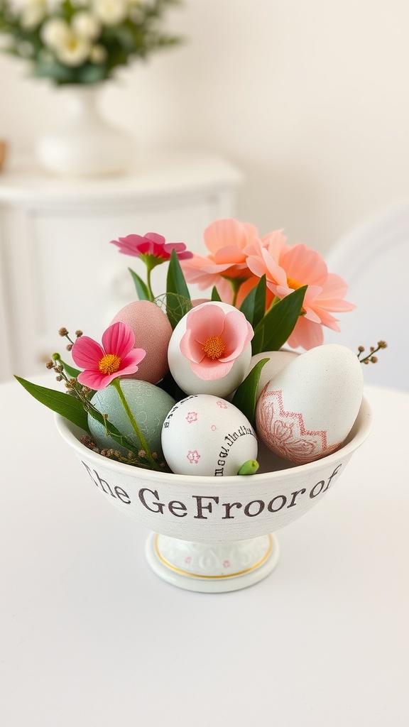 Decorative bowl filled with painted eggs and artificial flowers for Easter centerpiece