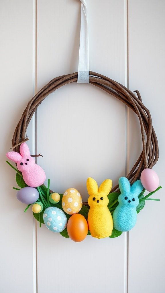 A colorful Easter egg and peep wreath made with foam peeps, decorative eggs, and a twig base