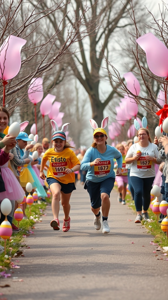 Kids and adults participating in an Egg and Spoon Race, decorated with pastel colors and festive elements.