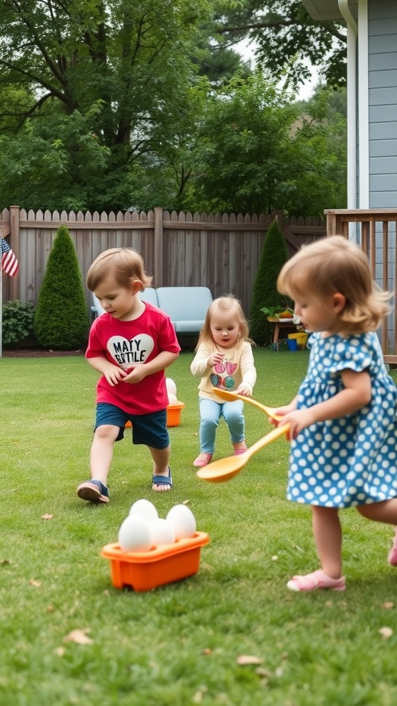 Toddlers playing the Egg and Spoon Race Game in a backyard