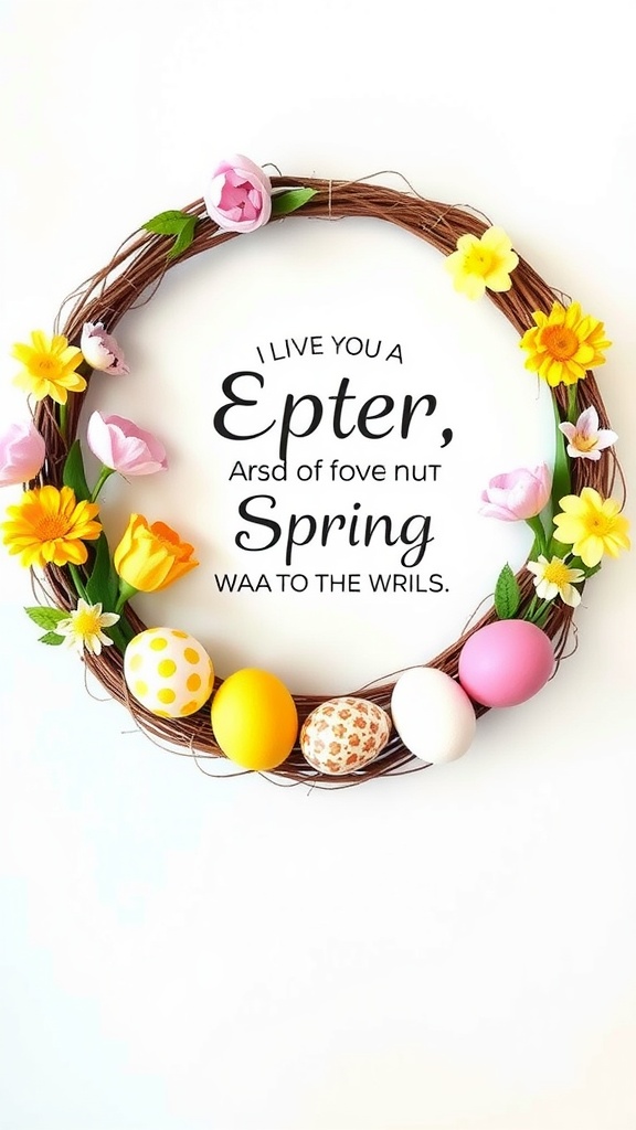 A spring-themed wreath featuring colorful flowers and Easter eggs with a playful quote in the center.