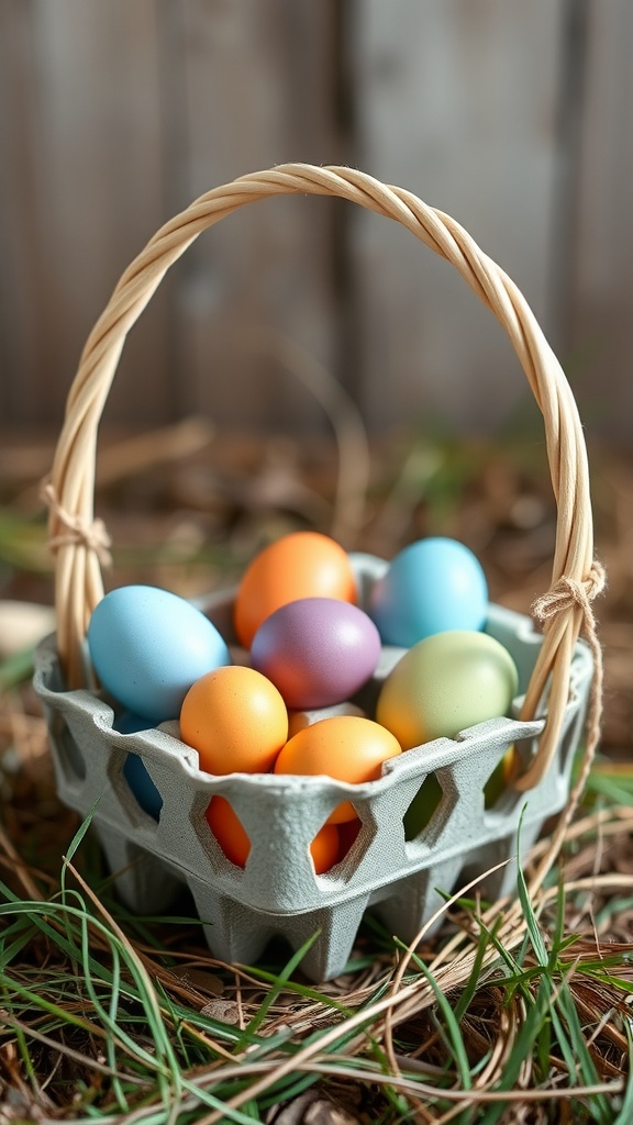 A handmade egg carton basket with colorful eggs, set on grass