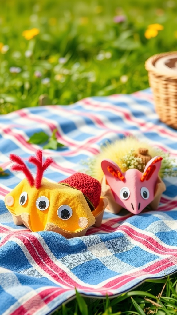 Two colorful caterpillars made from egg cartons, sitting on a picnic blanket in a sunny field.