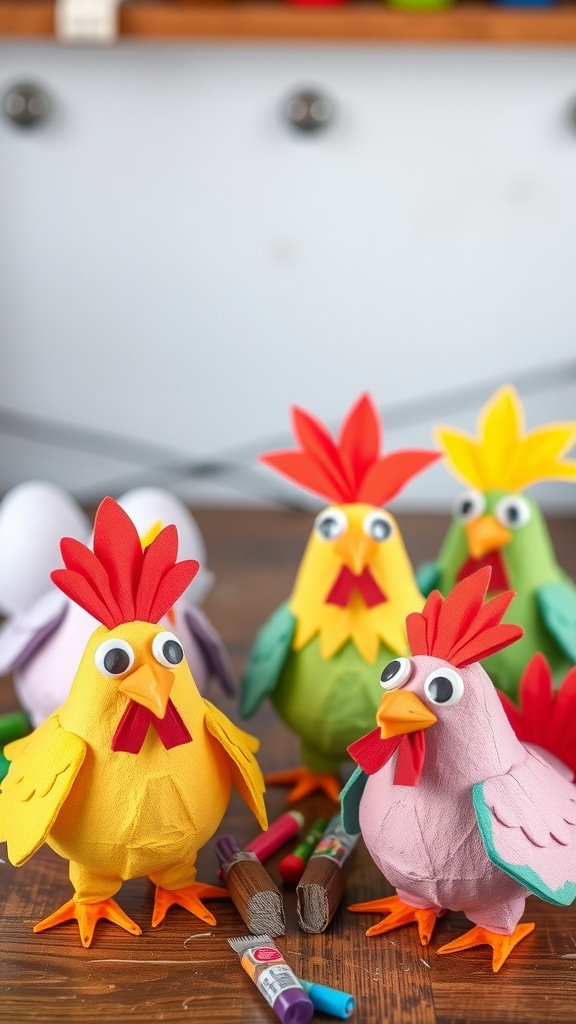 Colorful egg carton chickens with googly eyes and paper wings, surrounded by art supplies.