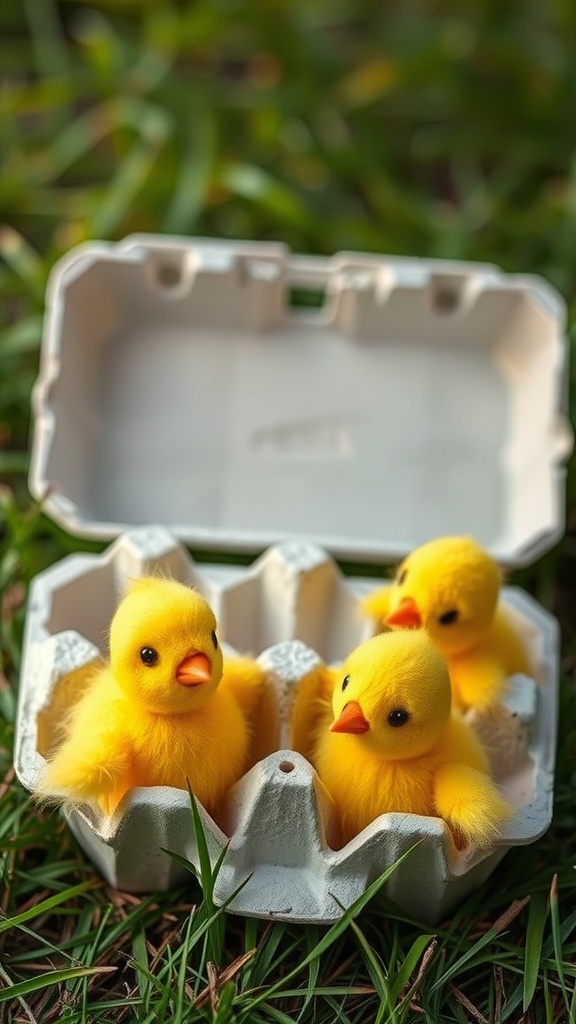 Three cute yellow chicks sitting in an egg carton on grass.