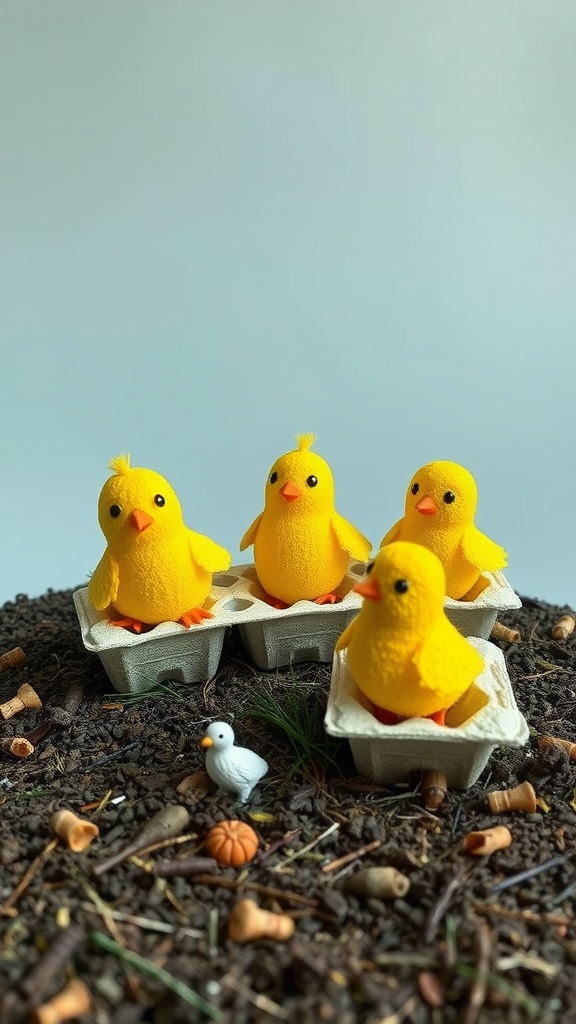 A group of yellow chick figures made from egg cartons, displayed in a natural setting with some small decorations.