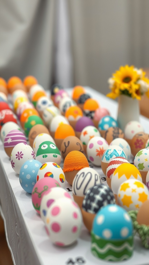 A table filled with decorated eggs in various colors and designs, showcasing a creative egg decorating contest.