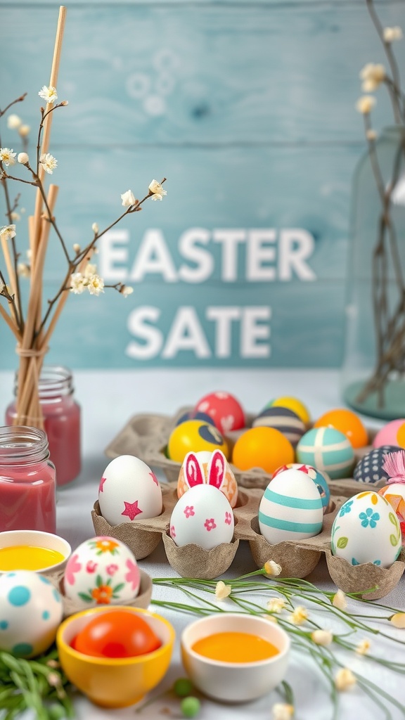 A vibrant egg decorating station with colorful eggs, paints, and an Easter sign.