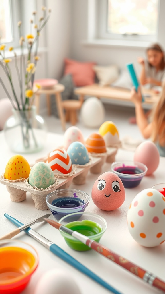 A vibrant egg decorating station with painted eggs, paintbrushes, and colorful paints.