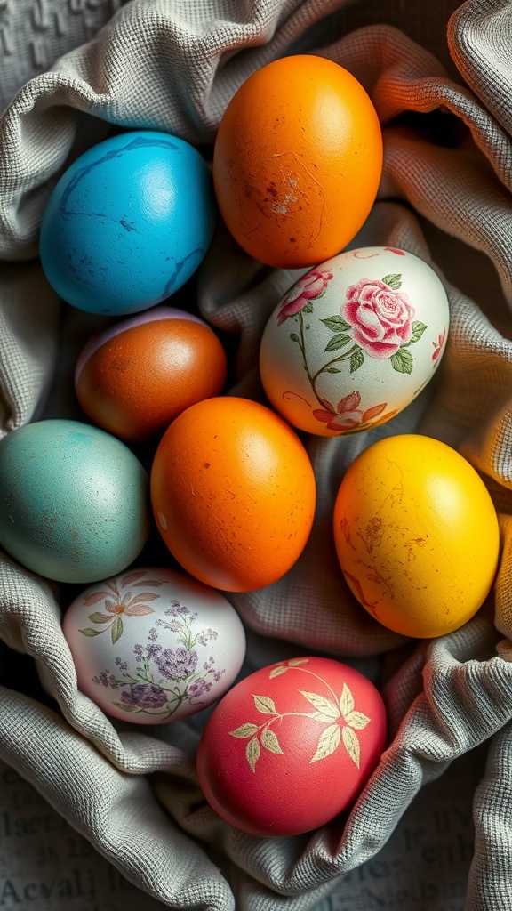 A collection of decorated eggs in various colors and designs, showcasing the art of egg decorating with natural dyes.