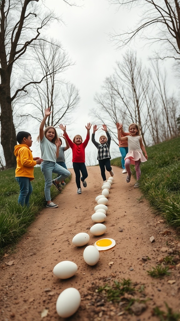 A group of children participating in an Egg Rolling Contest, with eggs lined up on a sandy path.