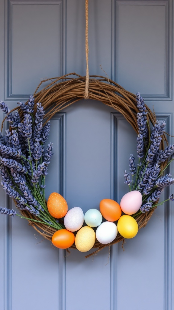 A wreath made of lavender and colorful Easter eggs, hanging on a blue door.