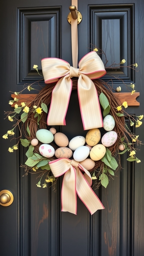 A wreath made of twigs, decorated with colorful Easter eggs and a beige ribbon bow with pink trim, hanging on a dark door.