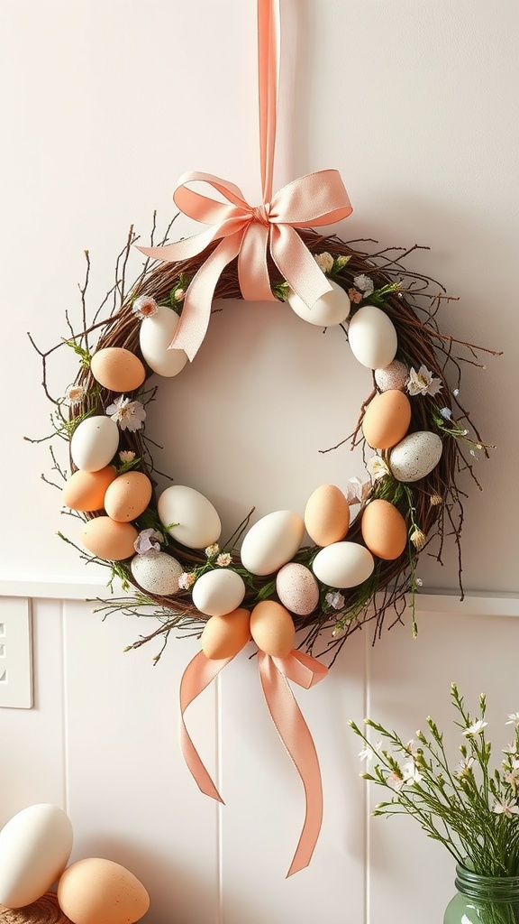 Easter egg wreath made with twigs and pastel colored eggs